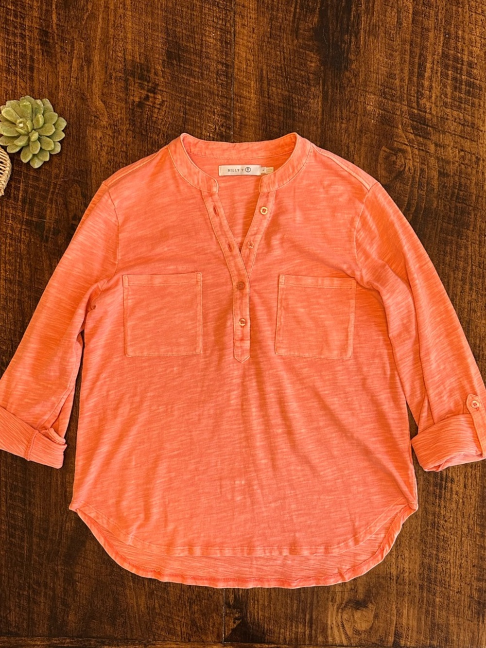 Billy T | Cotton Henley Top with Tab Sleeves in Blush Sun – Size, L - Picture 2 of 9